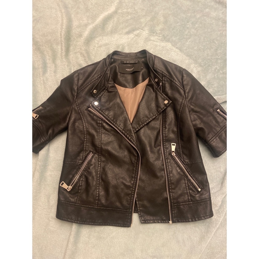 Vegan leather biker jacket with short sleeve